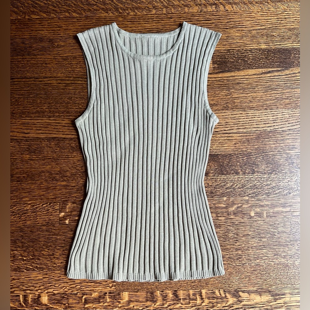 Sage Ribbed Knit Top, Vintage Sleeveless Cotton Tank, Sweater Top